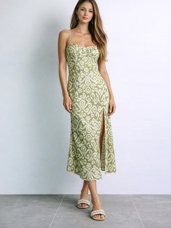 Zara Dresses & Skirts - Zara Green Corset Midi Dress Slit Tie Back Abstract Print L